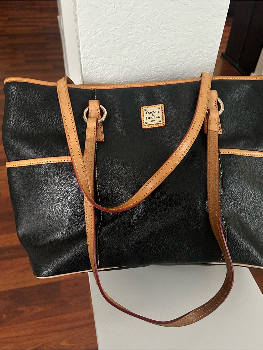 Dooney & Bourke Black Leather Tote with Tan Trim red lining